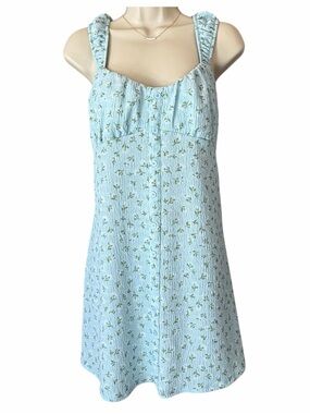 No Boundaries Baby Blue Floral Print Dress LG Babydoll Milkmaid Boho Y2K Summer